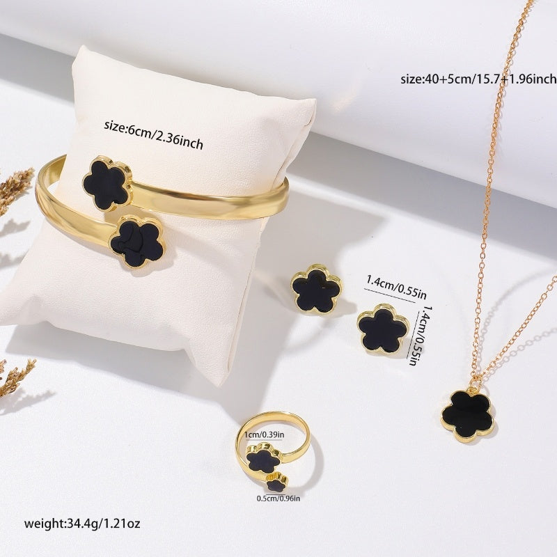 Five Petal Flower Earring Bracelet Necklace Set European And American Versatile Fashion Lucky Five Leaf Flower Bracelet