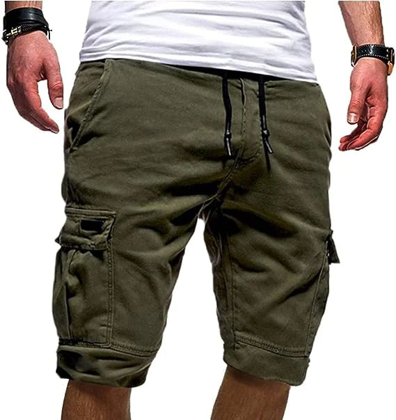 Men Casual Chino Cargo Shorts Elastic Waist Drawstring 6 Pockets Summer Trousers