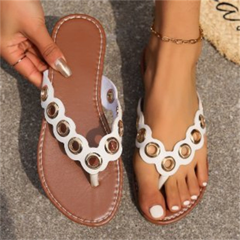 New Metal Hollow Circle Design Thong Sandals Summer Flat Flip Flops Slides Casual Vacation Beach Slippers