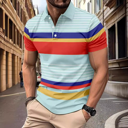 Men's Striped Lapel Short Sleeve Polo Shirt