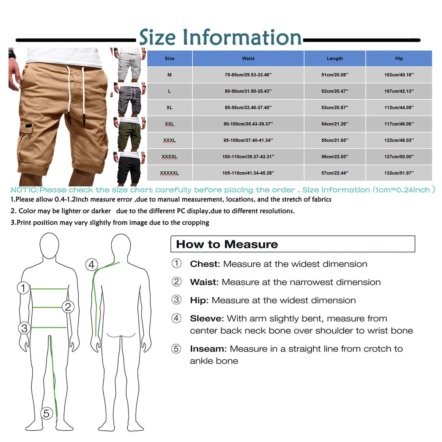 Men Casual Chino Cargo Shorts Elastic Waist Drawstring 6 Pockets Summer Trousers